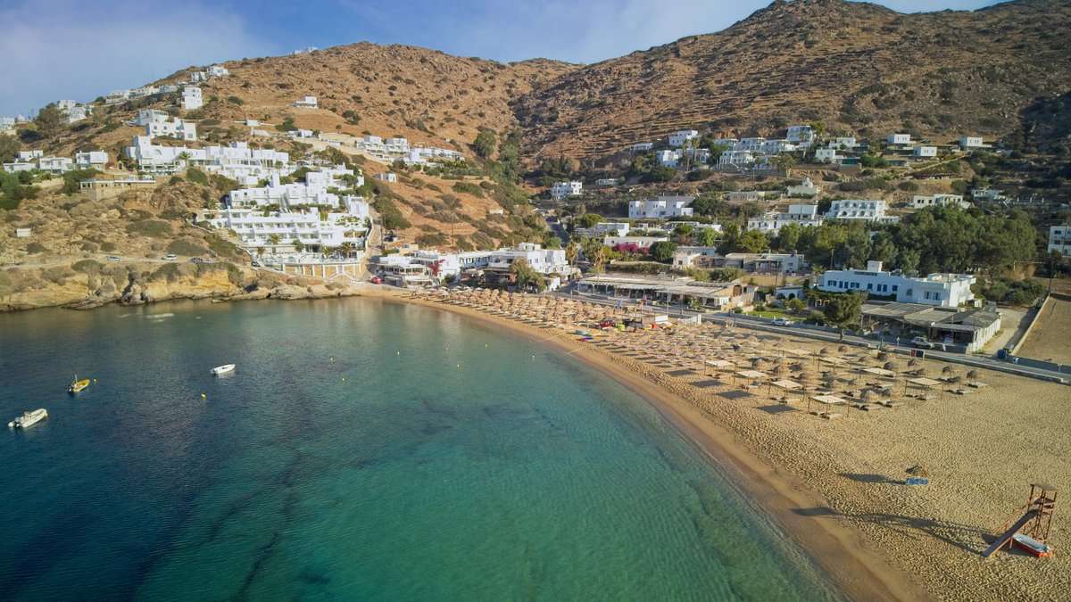 Ios Drone Photo Mylopotas Beach Early Morning