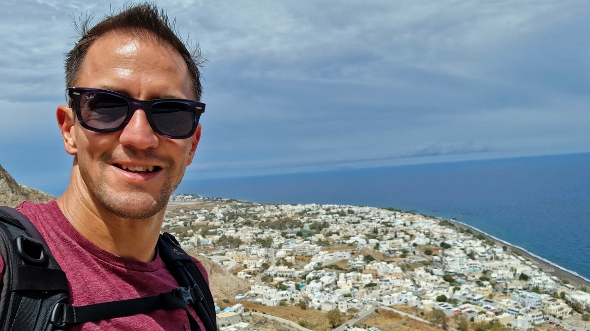 Selfie at Ancient Thira Santorini with Kamari in the background