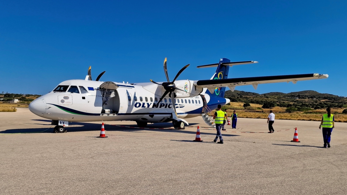 Olympic ATR-42 600 plane on the tarmac at Milos Airport