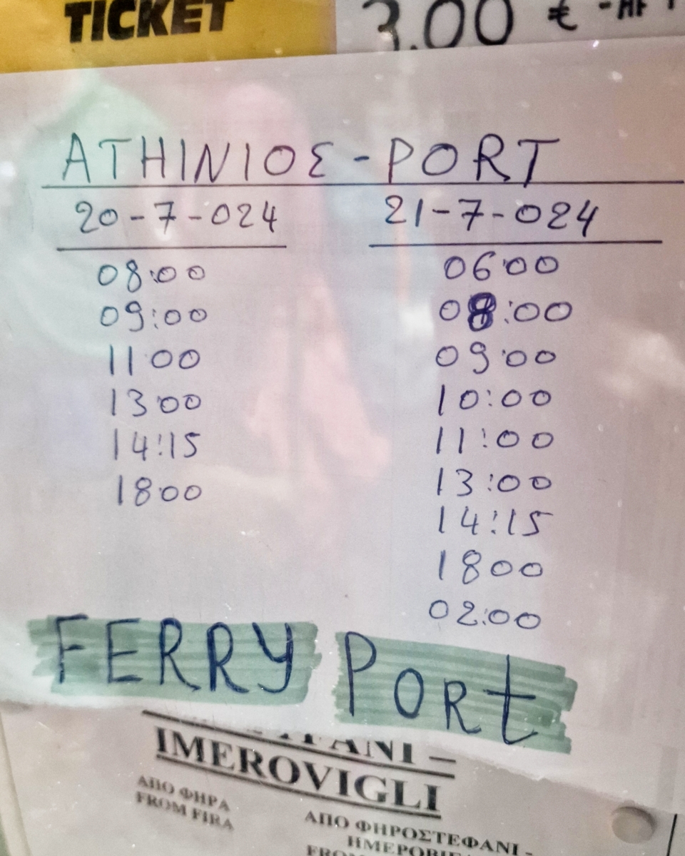 Handwritten bus timetable for Athinios Port, Santorini