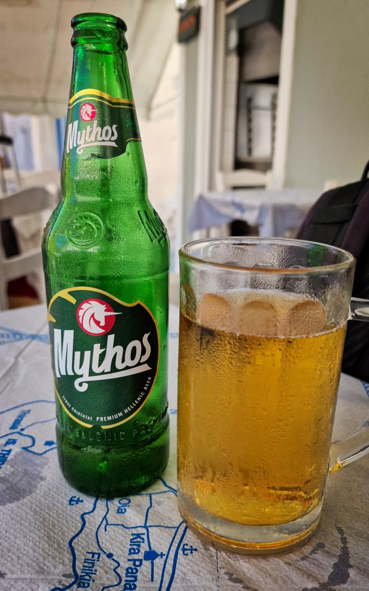 Mythos Beer at Athinios Cafe, Santorini